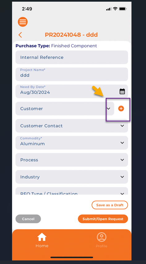 Project Request- Allow users to add new customers from the project screen.