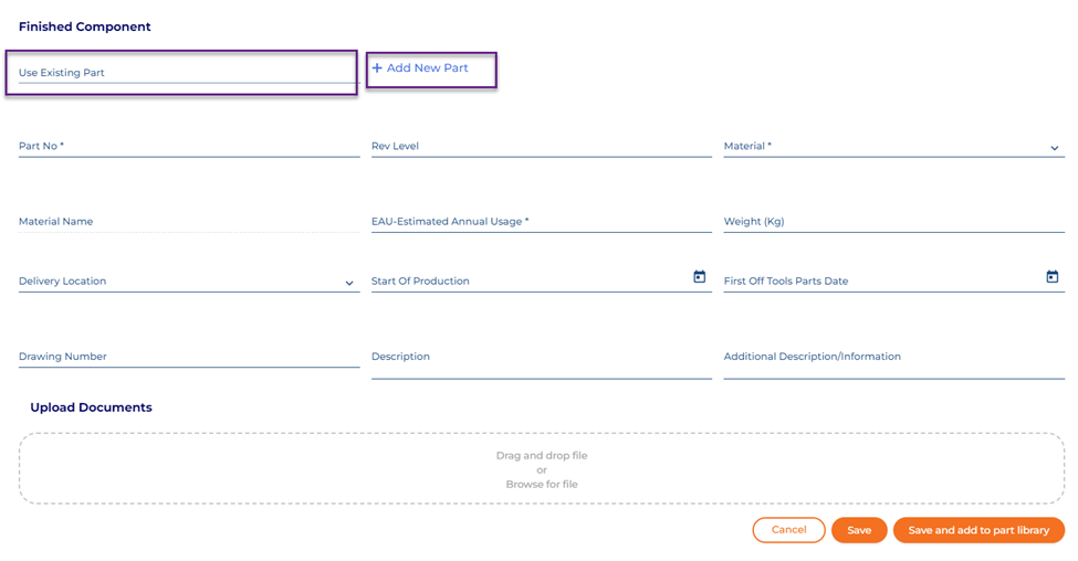 Parts Library integration to RFQ and Project Request