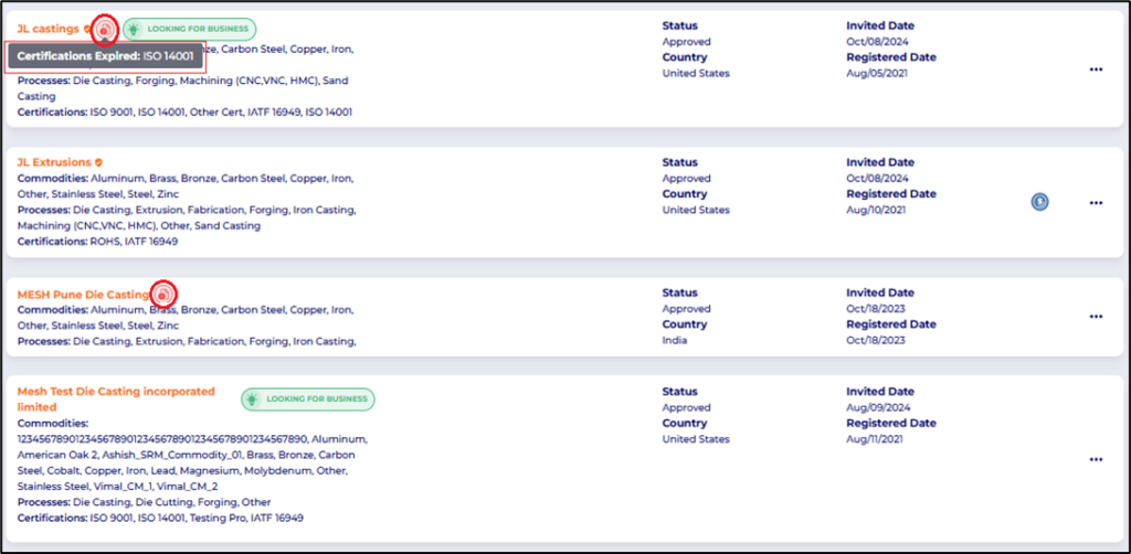 My Partners – Supplier tiles in My Partner list now displays missing documents icon and hovering over it displays the missing document name.