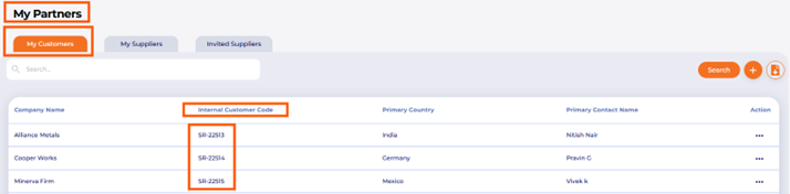 My Partners > My Customers-> Create field for internal customer code