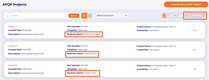 APQP Projects list view with business status