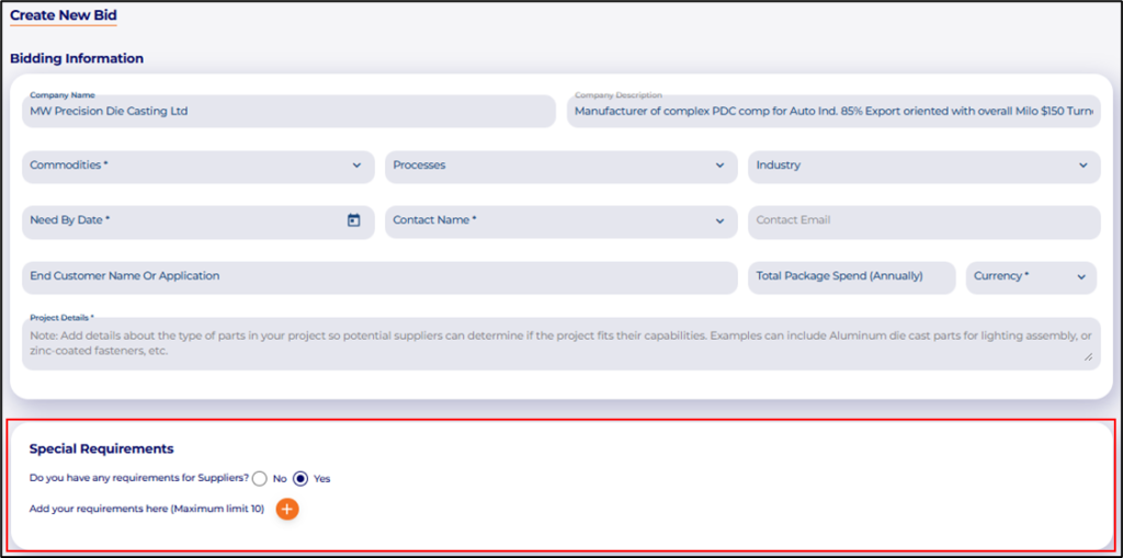 pecial requirements section added to buyers placing bids